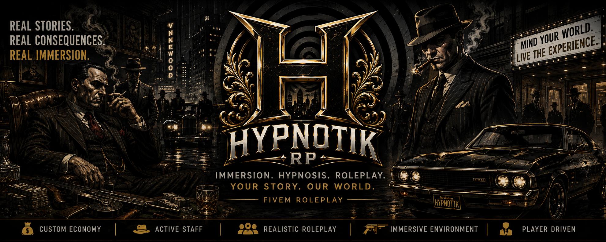 Hypnotik RP black and gold roleplay city artwork